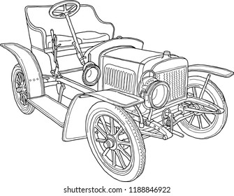 An illustration of a vintage Praga cabriolet with a Vehicle horn on the right side.
Hand drawn monochrome vector illustration.