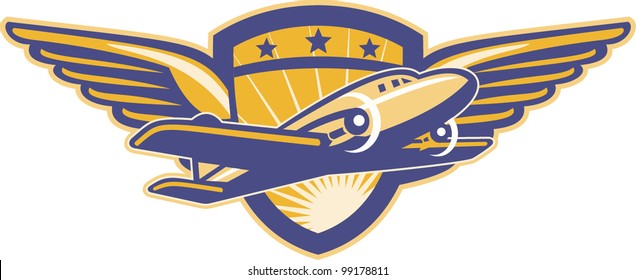 Illustration of a vintage propeller airplane flying with wings and shield in background done in retro style.