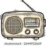 Illustration of a vintage radio with antenna, speaker, knobs, and tuning dial.