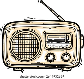 Illustration of a vintage radio with antenna, speaker, knobs, and tuning dial.