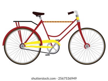 Illustration of a vintage red bicycle with a classic design, featuring yellow accents and a rear carrier, perfect for cycling-themed projects, posters, and educational materials.