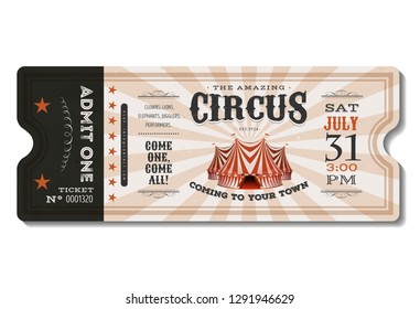 Illustration of a vintage and retro design circus ticket, with big top, admit one coupon mention, bar code and text elements for arts festival and events

