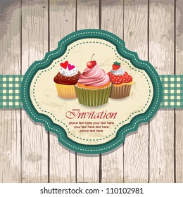 illustration of vintage retro frame with cupcakes