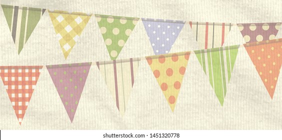 Illustration Of Vintage Retro Triangular Bunting Attached To Rope Over Light Brown Textured Crumbled Material Panel