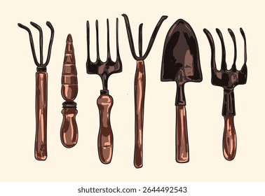 Illustration of a vintage rustic garden tools set with earthy tones and handcrafted details, ideal for gardening themes, cottagecore aesthetics, and botanical-inspired design projects.