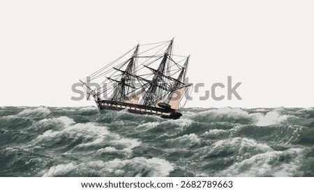 Illustration of a vintage sailing ship navigating rough seas. The ship battles waves, showcasing maritime adventure and nautical history. Ship and sea in motion. Vintage boat illustration vector.