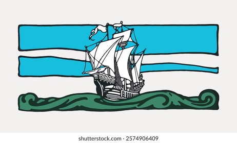 Illustration of a vintage sailing ship with white sails on blue and white striped background. Nautical theme with ship, sails, and ocean waves. Vintage art drawing, isolated vector element.