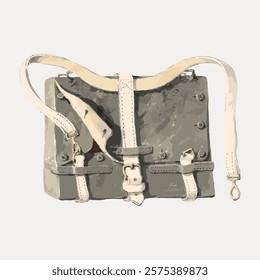 Illustration of a vintage satchel with straps and buckles. The satchel is beige with a classic design. Satchel, straps, and buckles create a retro look. Isolated vintage vector element.