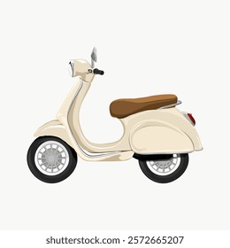 Illustration of a vintage scooter. Cream-colored scooter with brown seat. Classic scooter design, retro scooter style, vintage.