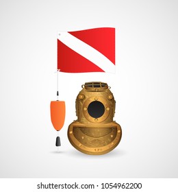 Illustration Of A Vintage Scuba Diving Helmet And Dive Flag Isolated On A White Background.