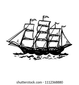 Illustration of vintage sea ship. Design element for poster, card, emblem, sign, banner. Vector image