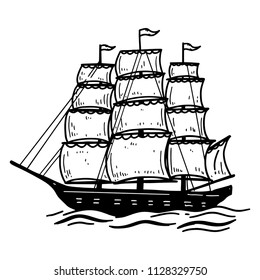 Illustration of vintage sea ship. Design element for poster, card, emblem, sign, banner. Vector image