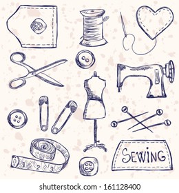 Illustration Of Vintage Sewing Accessories, Doodle Style