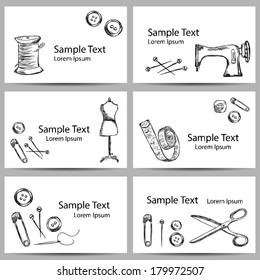 Illustration of vintage sewing accessories on banners, doodle style