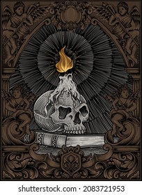 illustration vintage skull candle and engraving style