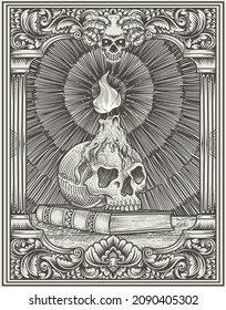 illustration vintage skull candle and engraving style