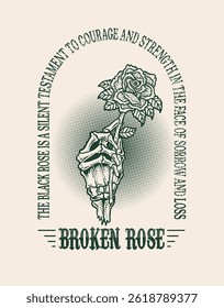 Illustration vintage skull hand holding black rose flower with quotes