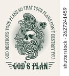 Illustration vintage skull rose flower with snake.