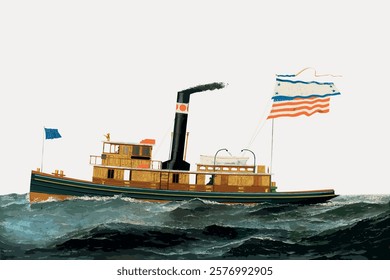 Illustration of a vintage steamship on the ocean. The steamship sails with flags waving. Ocean waves surround the steamship, creating a classic maritime scene. Isolated vintage vector element.