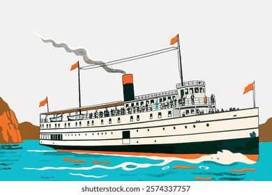 Illustration of a vintage steamship with red flags, sailing on blue waters. The steamship features classic design, red flags, and a scenic backdrop.