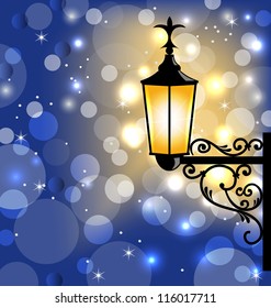 Illustration vintage street lamp, dark winter background - vector