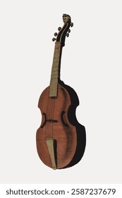 Illustration of a vintage string instrument with a wooden body and intricate details. The instrument features a classic design and elegant craftsmanship. Vintage art illustration, vector.