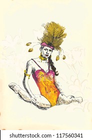 Illustration in vintage style of a gymnastics and circus topic. Description: Editable in several layers (at least four layers). Number of colors in each layer: no more than sixteen.