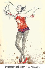 Illustration in vintage style of a gymnastics and circus topic. Description: Editable in several layers (at least four layers). Number of colors in each layer: no more than sixteen.