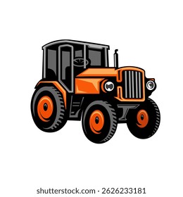 Illustration of a vintage style orange tractor with large tires and a detailed cabin, ideal for agriculture-themed designs, farm branding.