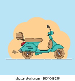 An illustration of a vintage style vespa with colorful background