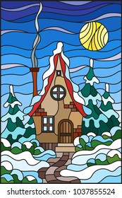 Illustration in vintage style winter landscape, village house and fir-trees on a background of snow, sky and sun