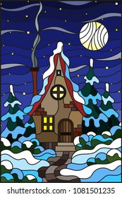 Illustration in vintage style winter landscape, village house and fir-trees on a background of snow, starry sky and moon