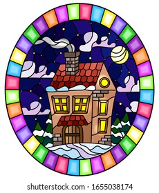 Illustration in vintage style winter landscape, village house and fir-trees on a background of snow, night sky and moon, oval image in bright frame