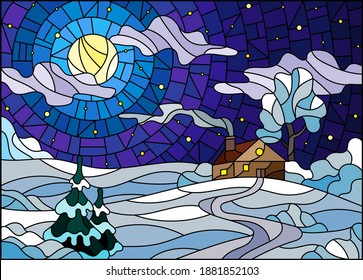 Illustration in vintage style winter landscape, village house and fir-tree on a background of snow, starry night sky and moon