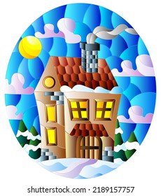 Illustration in vintage style winter landscape, village house and fir-trees on a background of snow, sky and sun, oval image 