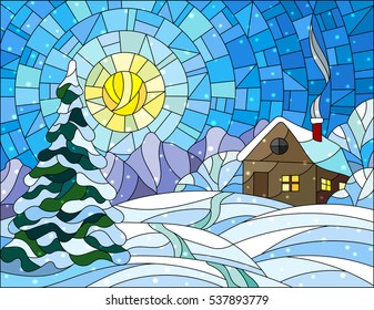 Illustration in vintage style winter landscape, village house and fir-tree on a background of snow, sky and sun