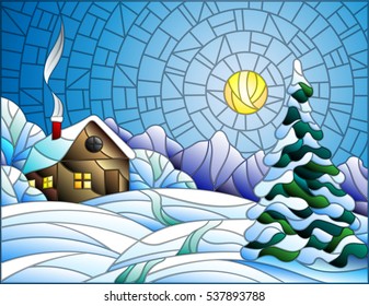 Illustration in vintage style winter landscape, village house and fir-tree on a background of snow, sky and sun