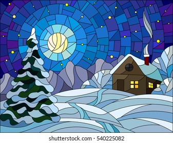 Illustration in vintage style winter landscape, village house and fir-tree on a background of snow, starry sky and moon