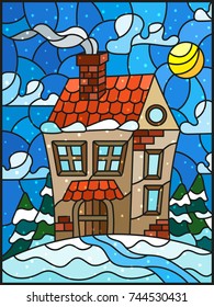 Illustration in vintage style winter landscape, village house and fir-trees on a background of snow, sky and sun