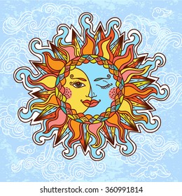 Illustration of vintage stylized magic sun and moon. Hand drawn vector. Can be used for cards, invitations, fabrics, wallpapers, scrap-booking, ornamental template for design and decoration, etc