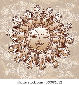 Illustration of vintage stylized magic sun and moon. Hand drawn vector. Can be used for cards, invitations, fabrics, wallpapers, scrap-booking, ornamental template for design and decoration, etc