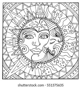 Illustration of vintage stylized magic sun and moon. Hand drawn vector. Can be used for cards, invitations, fabrics, wallpapers, scrap-booking, ornamental template for design and decoration, etc