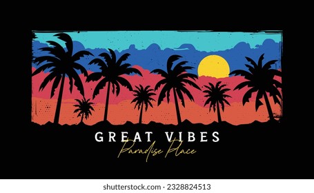 Illustration vintage of sunset, sunrise tropical island good vibes palm tree silhouette vector design for t-shirt, sticker and more