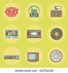Illustration of vintage technology icons over a yellow background.