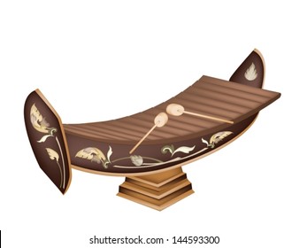 An Illustration of A Vintage Thai Alto Xylophone Isolated on White Background, A traditional Thailand Musical Instrument Known as 'Ranad'  