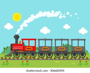 Illustration of a vintage train in the countryside.