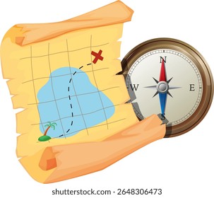 Illustration of a vintage treasure map and compass, featuring vibrant colors and detailed design elements