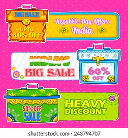 illustration of vintage trunk box showing Indian kitsch art for sale and promotion