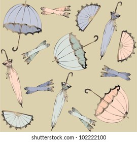 Illustration of vintage umbrella, fan, glove. Seamless background fashionable modern wallpaper or textile.
