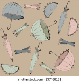 Illustration of vintage umbrella, fan, glove. Seamless background fashionable modern wallpaper or textile.